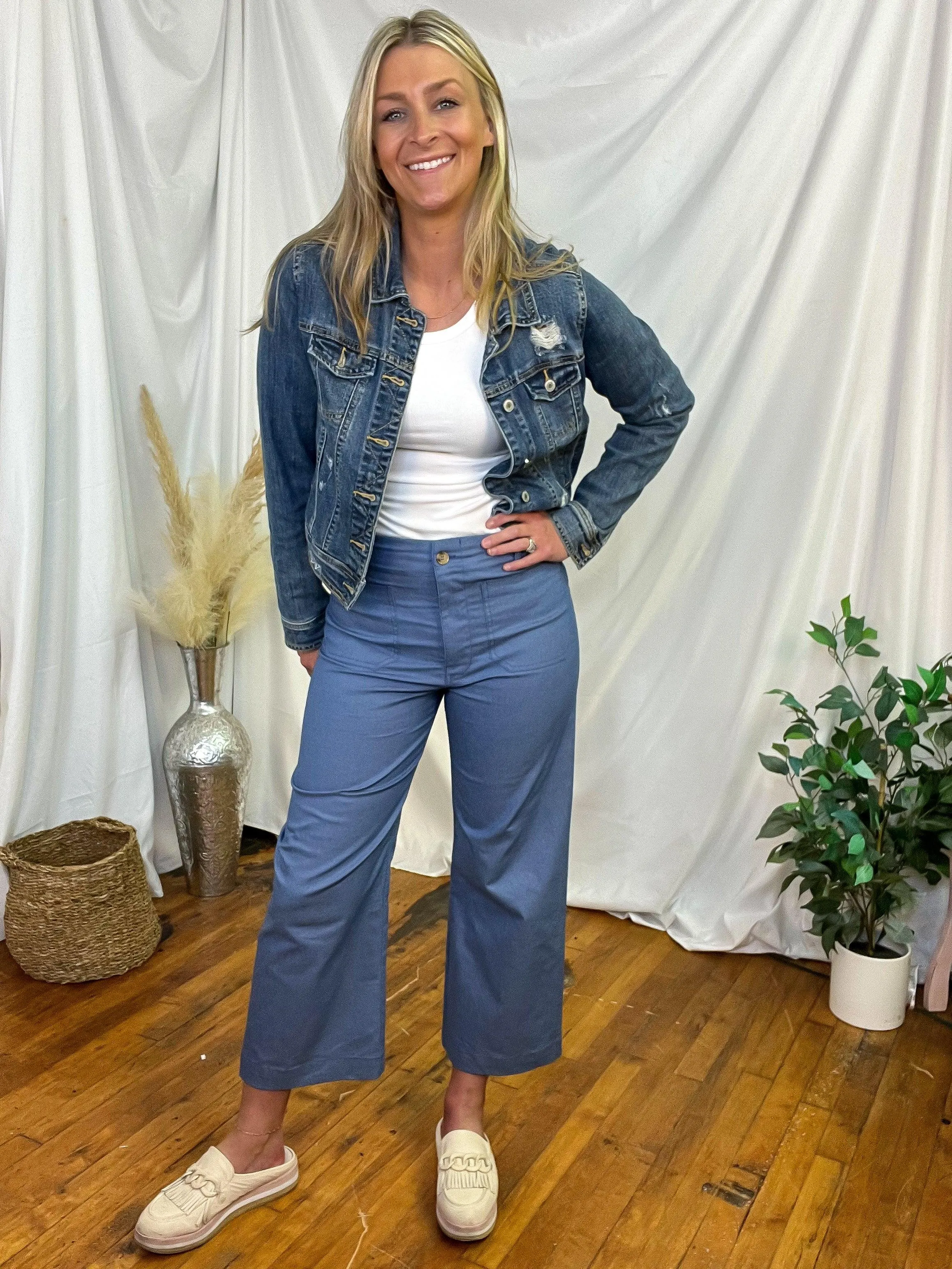Blue Wide Leg Ankle Cropped Pants