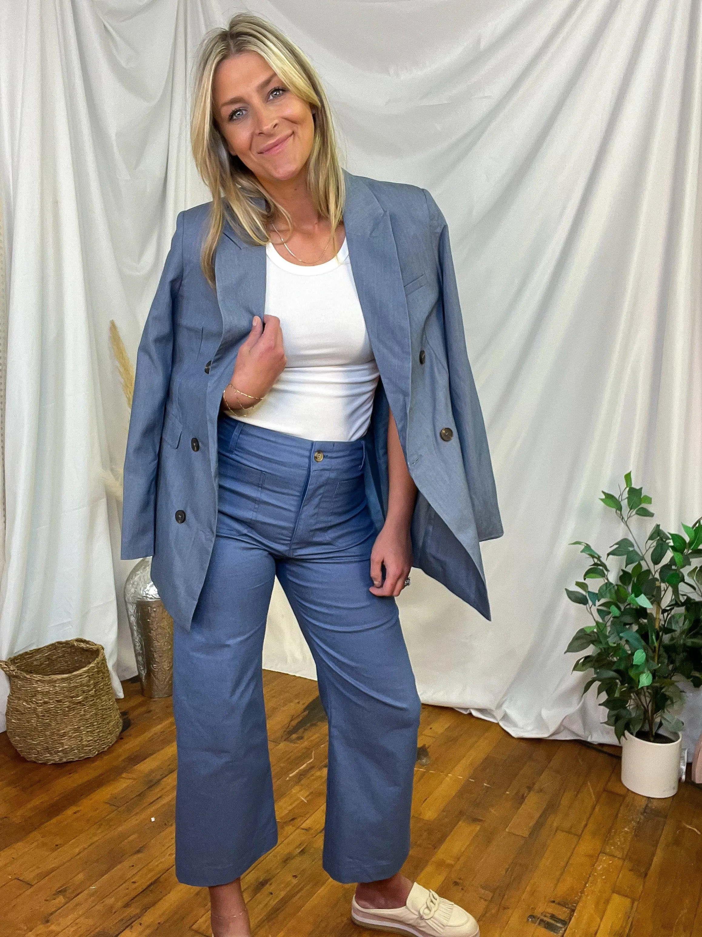 Blue Wide Leg Ankle Cropped Pants