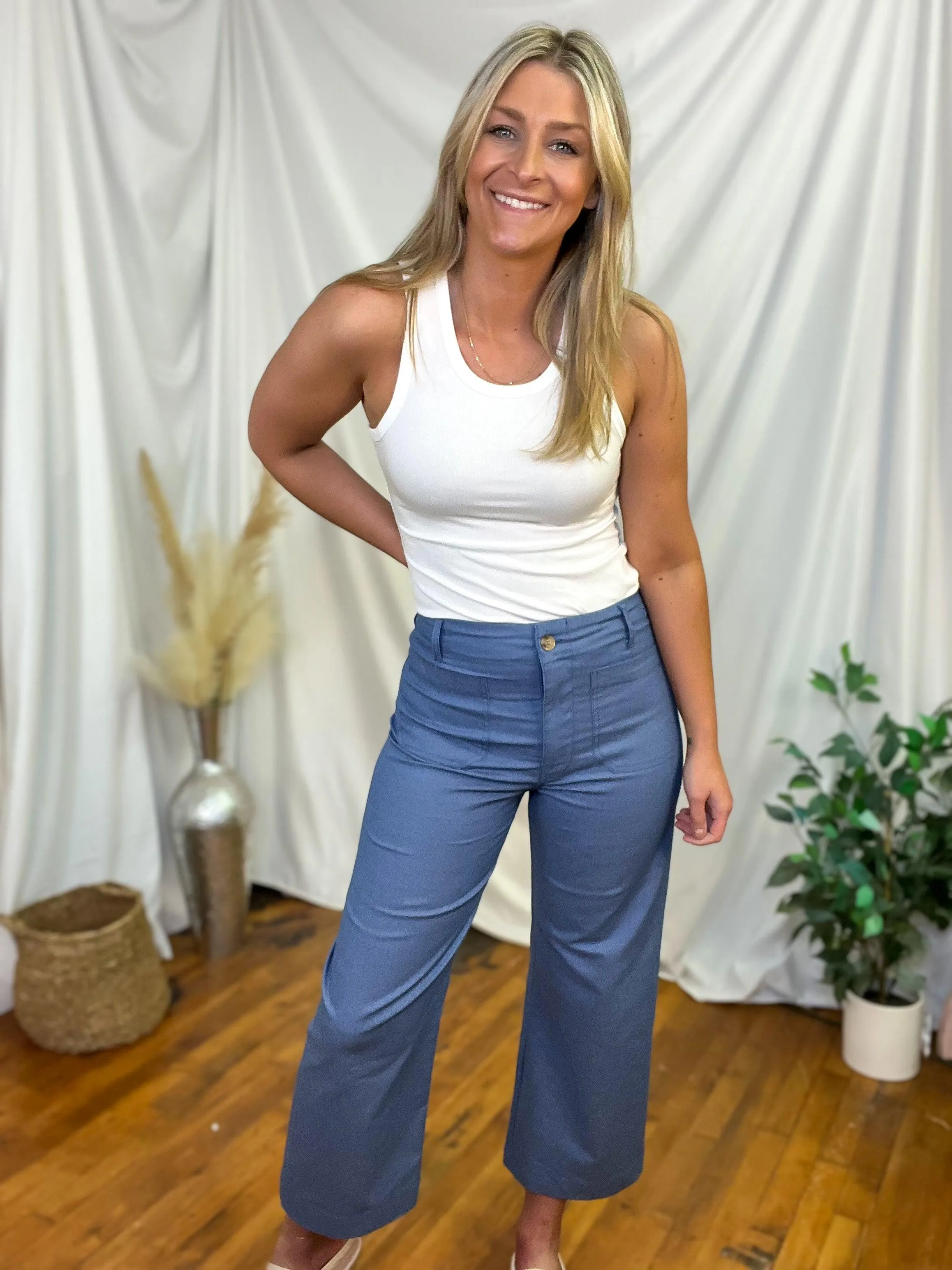 Blue Wide Leg Ankle Cropped Pants