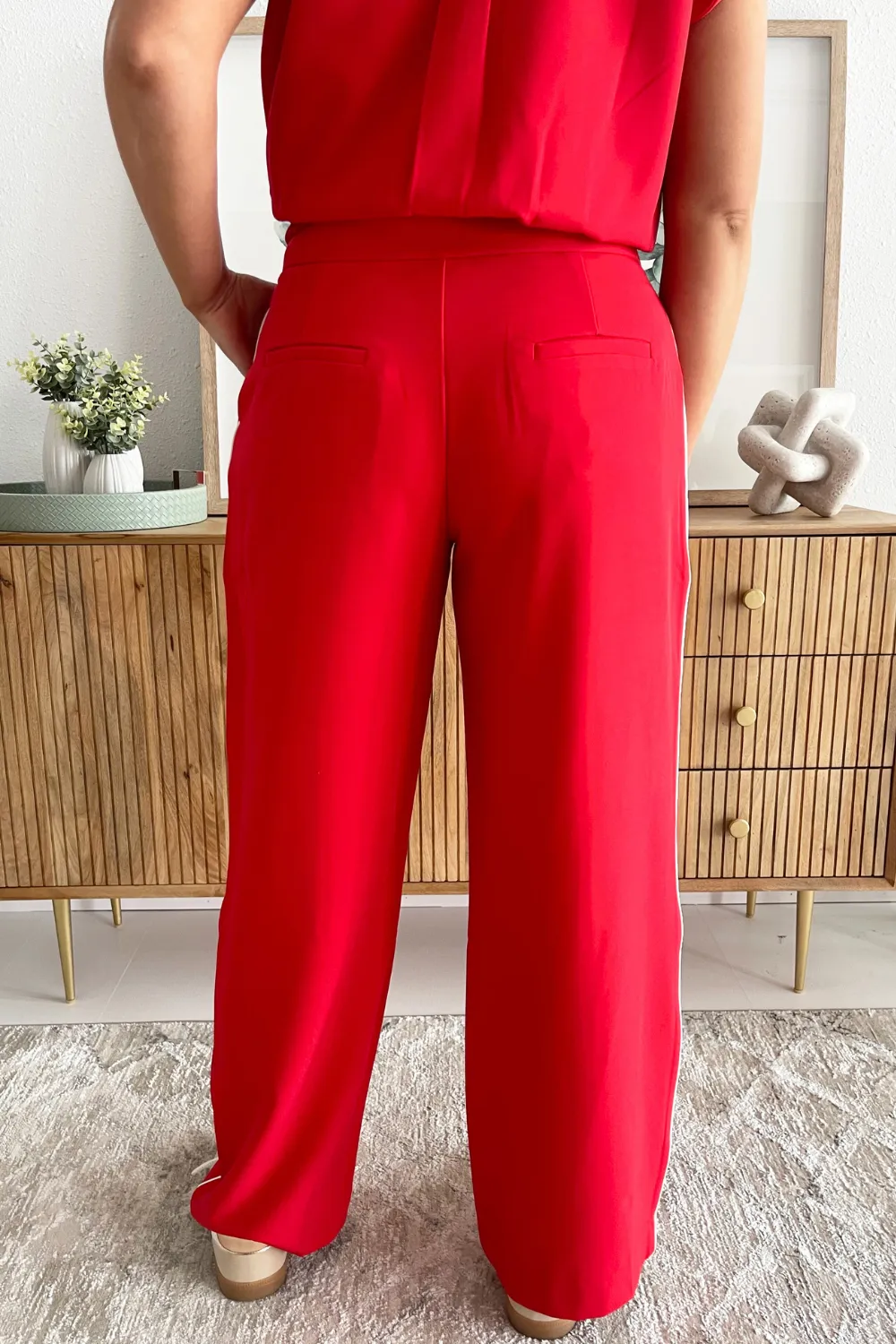 Contrast Waisted Band Wide Leg Pants