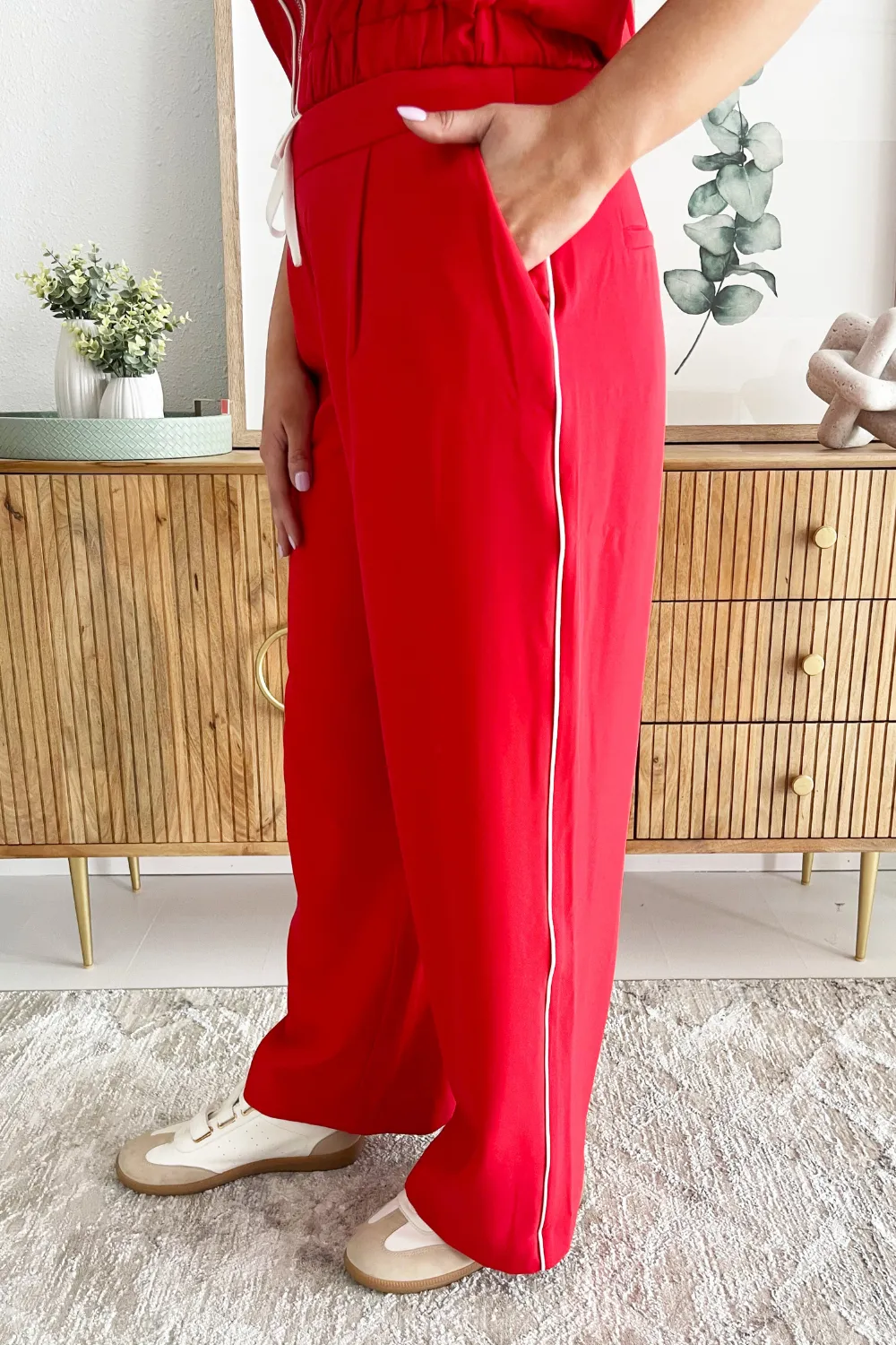 Contrast Waisted Band Wide Leg Pants