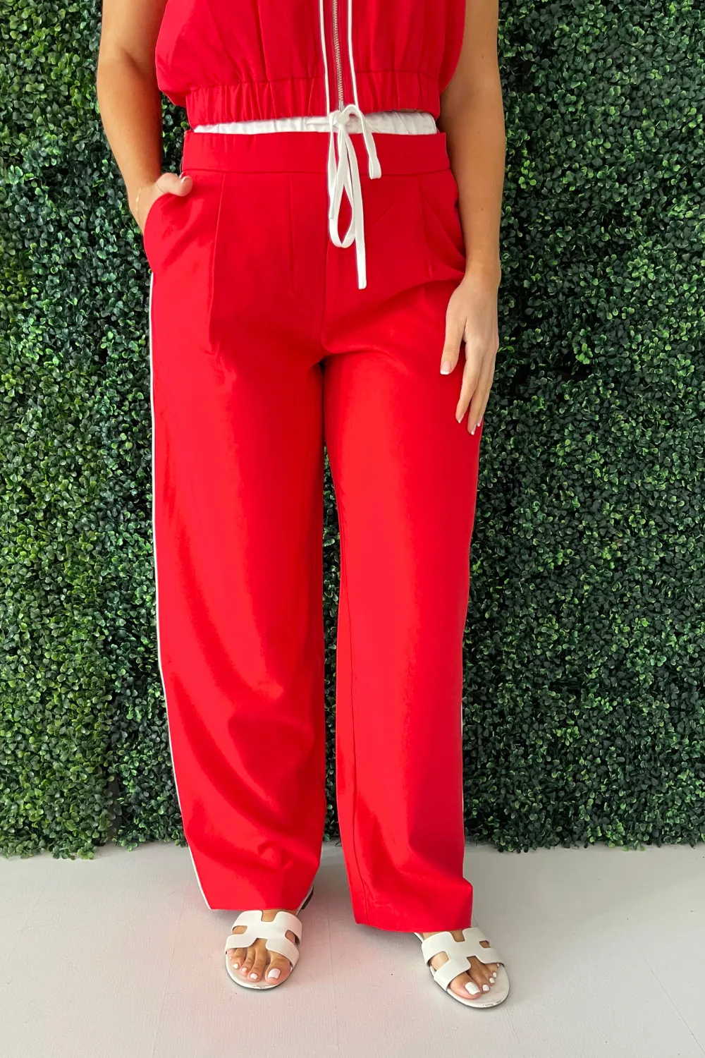 Contrast Waisted Band Wide Leg Pants