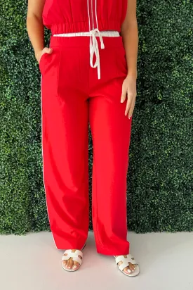 Contrast Waisted Band Wide Leg Pants