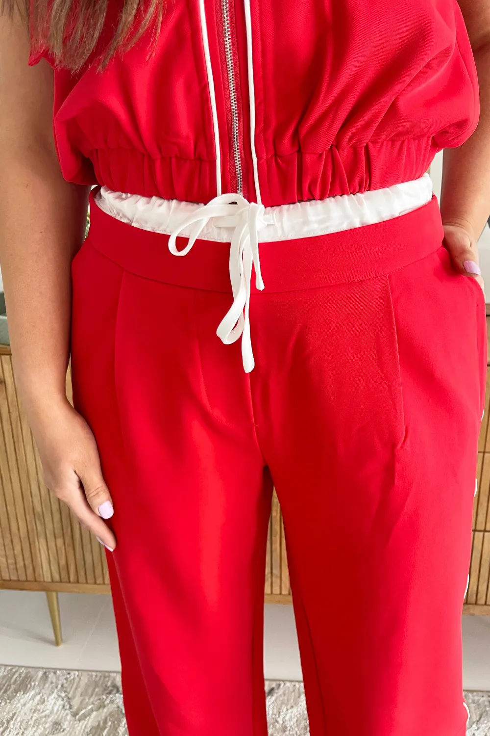 Contrast Waisted Band Wide Leg Pants