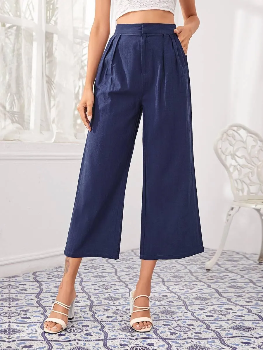 Fold Pleated Wide Leg Cropped Pants