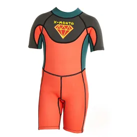 Little Surprise Box Superhero Green & Orange 2.5mm Neoprene Knee Length Kids Swimsuit, Half Sleeves Swimwear