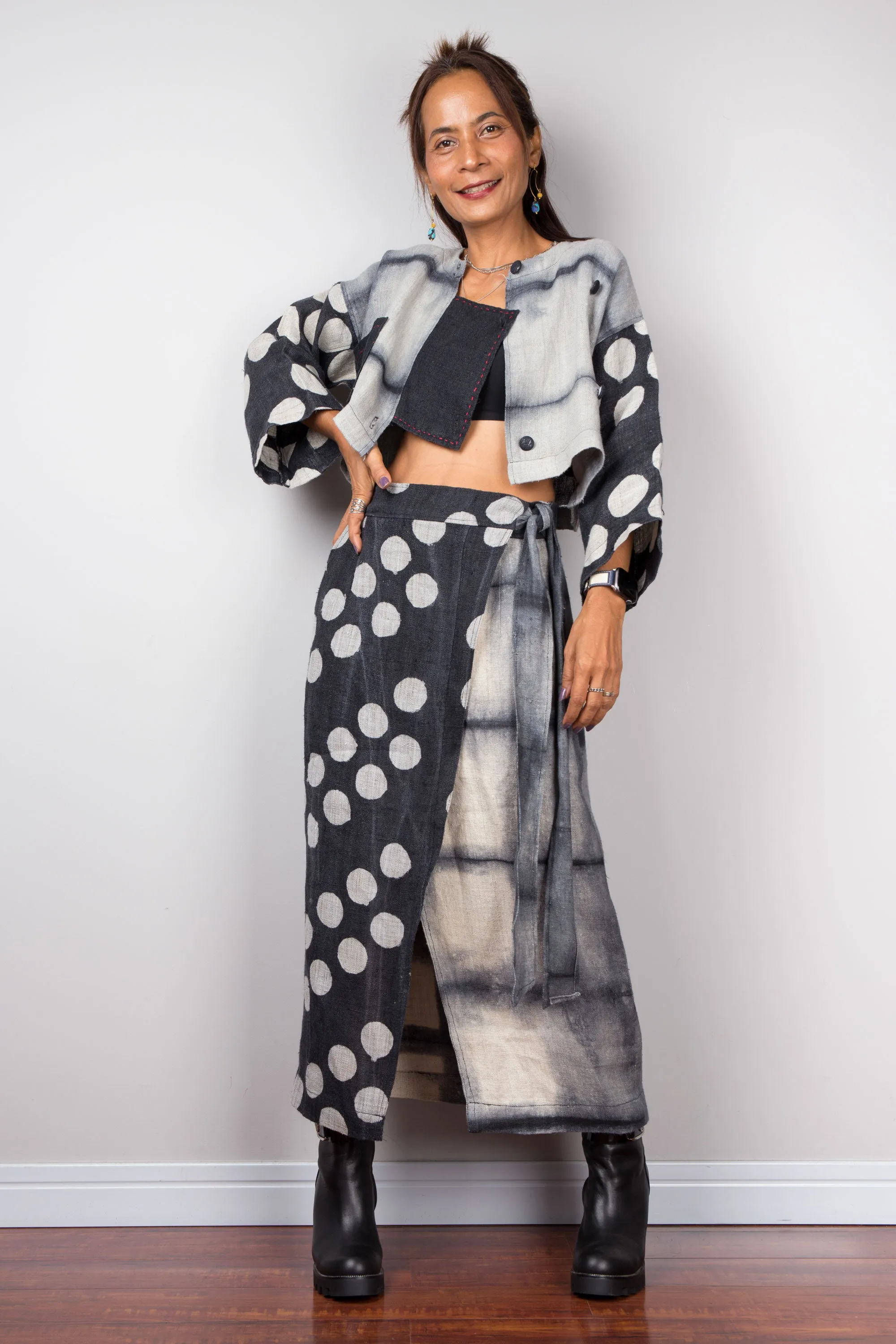 Skirt and crop jacket set (shibori and polka dot)
